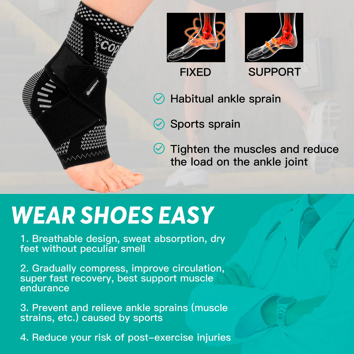 INDEEMAX Ankle Brace for Sprained Ankle Compression Sleeve, Copper Infused Ankle Support Brace for Women & Men, Plantar Fasciitis Relief Achilles Tendonitis, Sports Running, Silver Black, XL