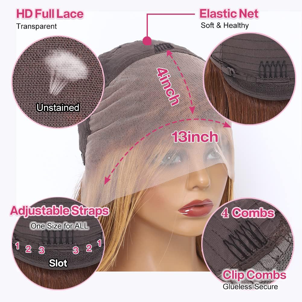 Bob Wig Human Hair Highlight Ombre 13x4 Lace Front Wigs 4/27 Honey Blonde Glueless Wigs Human Hair Pre Plucked with Baby Hair 180 Density 12A Short Bob Wigs for Women 12 Inch