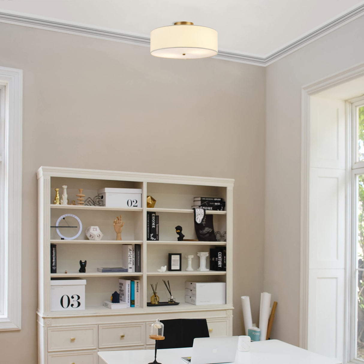 Globe Electric 2-Light Flush Mount Ceiling Light, Matte Brass Finish, White Linen Shade, E26 Base, Dimmable, Minimalist Home Lighting, 60998