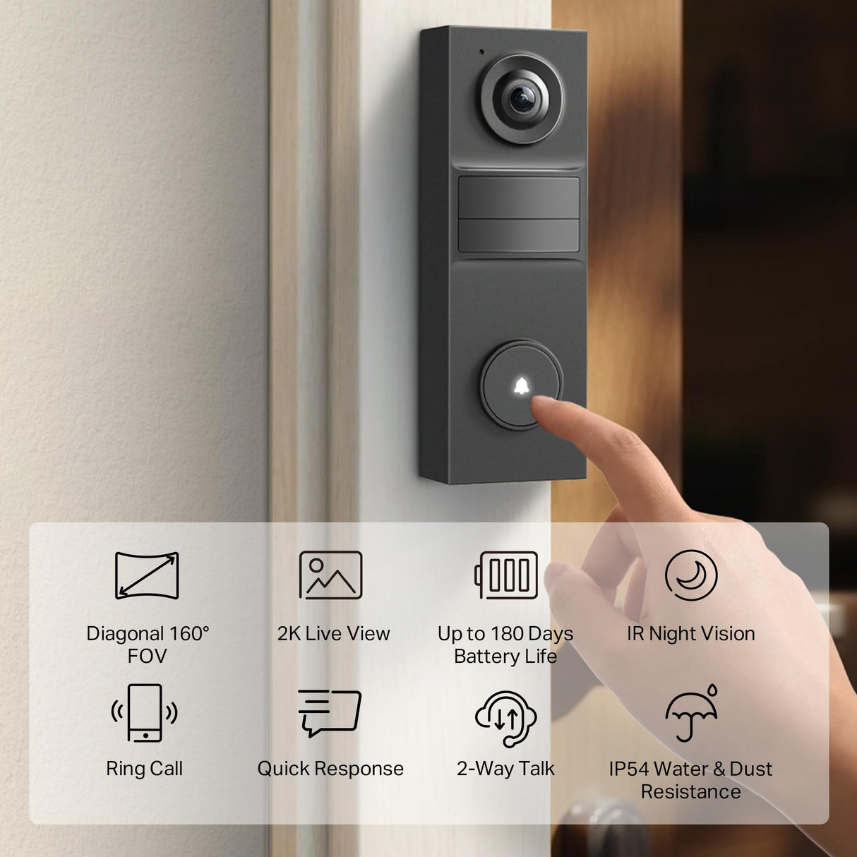 Tapo 2K Wireless Smart Video Doorbell - 160ยฐ Ultra-Wide View, Person Detection, 2-Way Talk, Ring Call, Night Vision, Subscription-Free Local Storage or Optional Cloud, D205