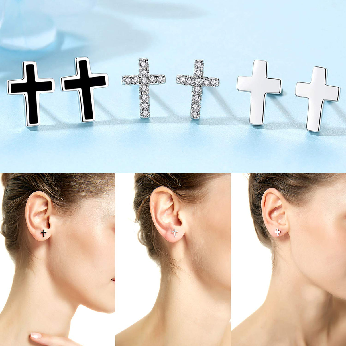 REVEMCN 3-Pair Cross Earrings for Men & Women, Stainless Steel & 925 Silver