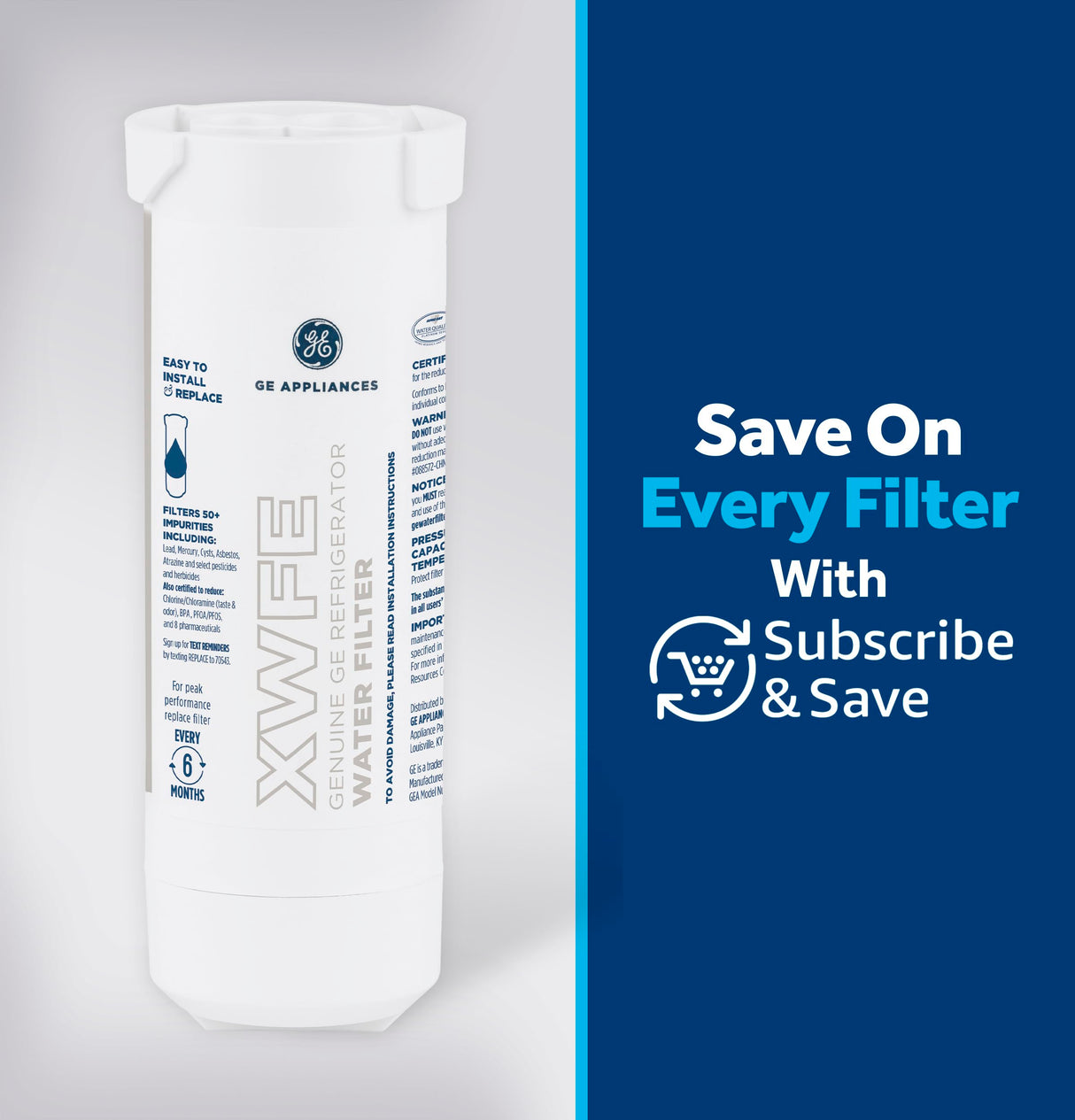 GE XWFE Refrigerator Water Filter, Genuine Replacement Filter, Certified to Reduce Lead, Sulfur, and 50+ Other Impurities, Replace Every 6 Months for Best Results, Pack of 1