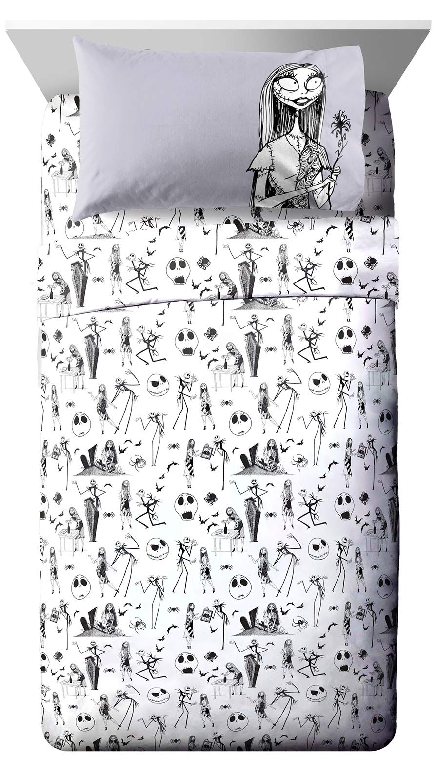 Jay Franco Kids Sheet Set with Fitted, Flat Sheets & Pillow Cover - Ultra-Soft Bedding with Pillowcase for Room Decor, White - Nightmare Before Christmas, 3 Piece Twin