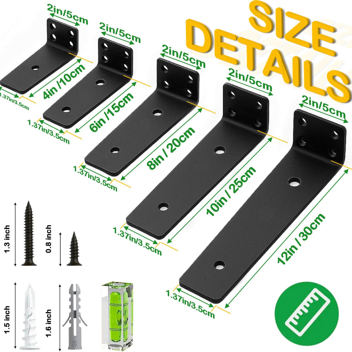 Floating Shelf Bracket 6 Inch of 4 Pack Heavy Duty Shelf Brackets Black Coated Metal L Bracket Wall Shelf Support DIY Brackets with 1/5 Inch Thick and 160 LBS Load Capacity