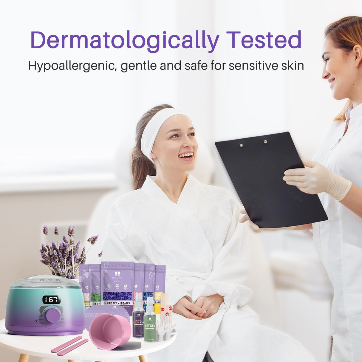 BLITZWAX Brazilian and Bikini Waxing Kit for Women, Hard Wax Warmer for Face, Legs, and Body, At Home Hair Removal Kit, Beginner Friendly, Quick Heating, 32pcs Wax Spatulas