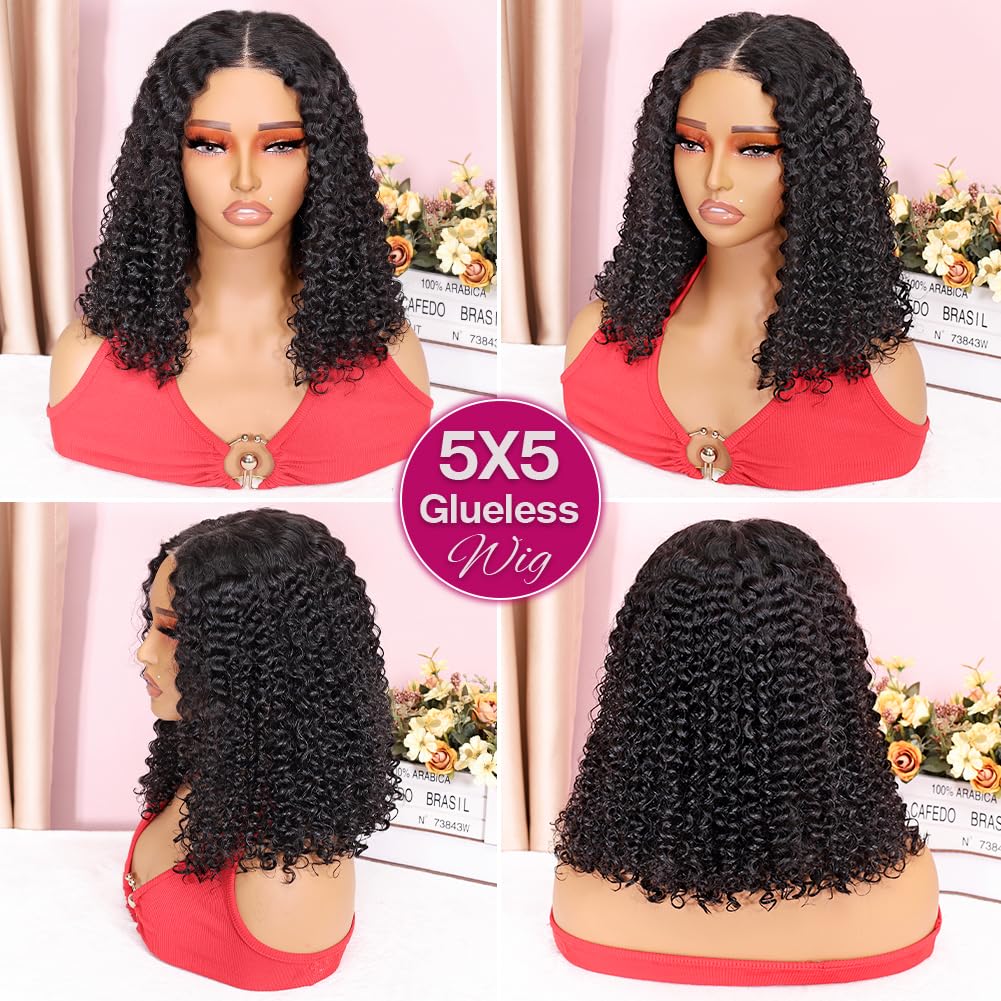 Curly Bob Wig Wear And Go Glueless Human Hair Pre Plucked Pre Cut 5x5 Hd Lace Closure Wigs Human Hair Wig Short Curly Wigs For Black Women Jerry Curl Wig 200Density 14 Inch