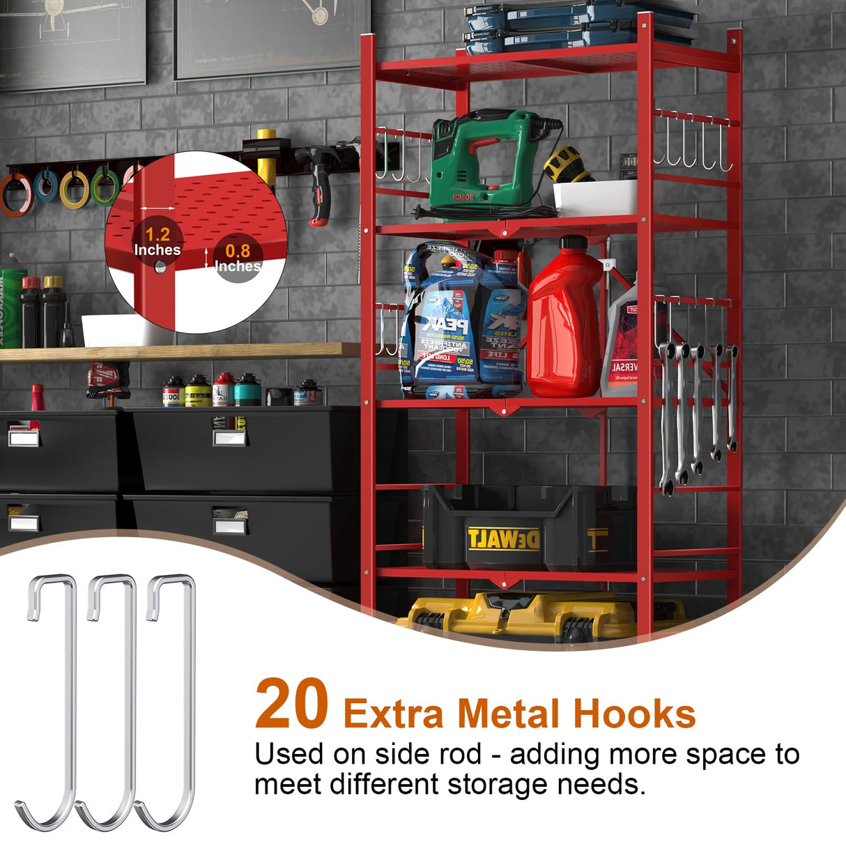 Storage Shelves with 20 Hooks, 5-Tier Foldable Shelves for Storage, Folding Utility Shelf Unit Pantry Shelf with Wheels, Metal Shelving Unit Rack for Garage Christmas Room, Red - No Assembly