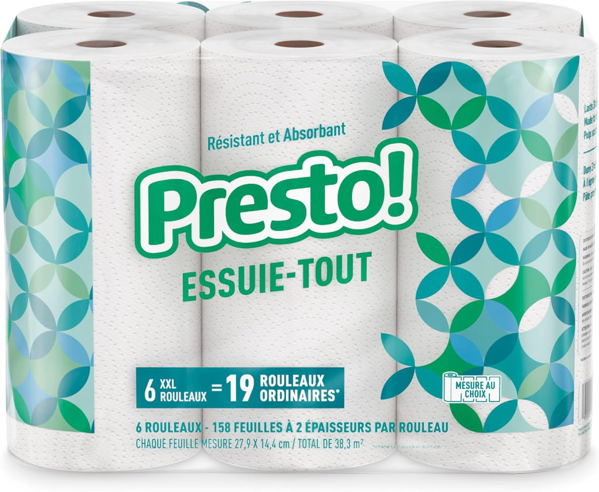 Amazon Brand - Presto! Flex-a-Size Paper Towels, 158 Sheet Huge Roll, 12 Rolls (2 Packs of 6), Equivalent to 38 Regular Rolls, White