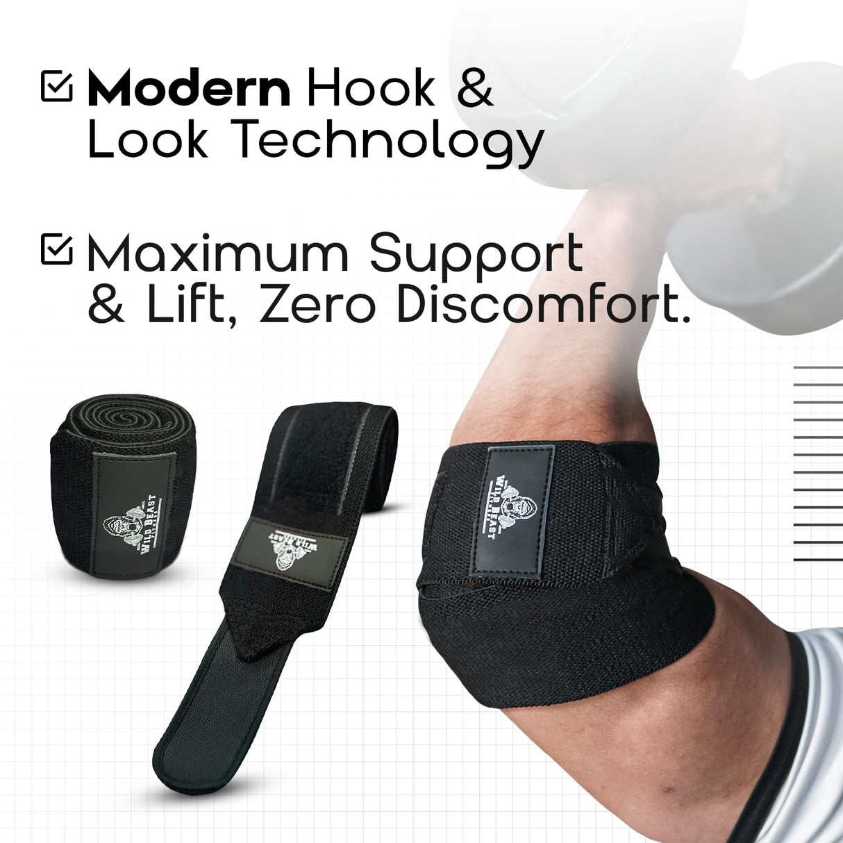 WildBeast Elbow Wraps for Weightlifting (Pair), Flexible 41" Elbow Compression Strap, Joint Support Brace for Bench Press, Powerlifting, Fitness & Gym Workout, Golfer's Elbow, Gym Accessories for Men