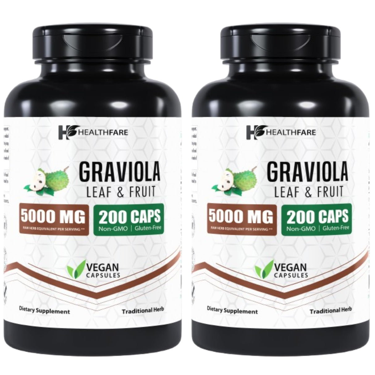 Healthfare Graviola Extract Capsules, 5000mg | Pack of 2 | 200 Veg Capsules Each | High Potency Soursop Leaf & Fruit Extract | Non-GMO | Gluten-Free | Made in The USA
