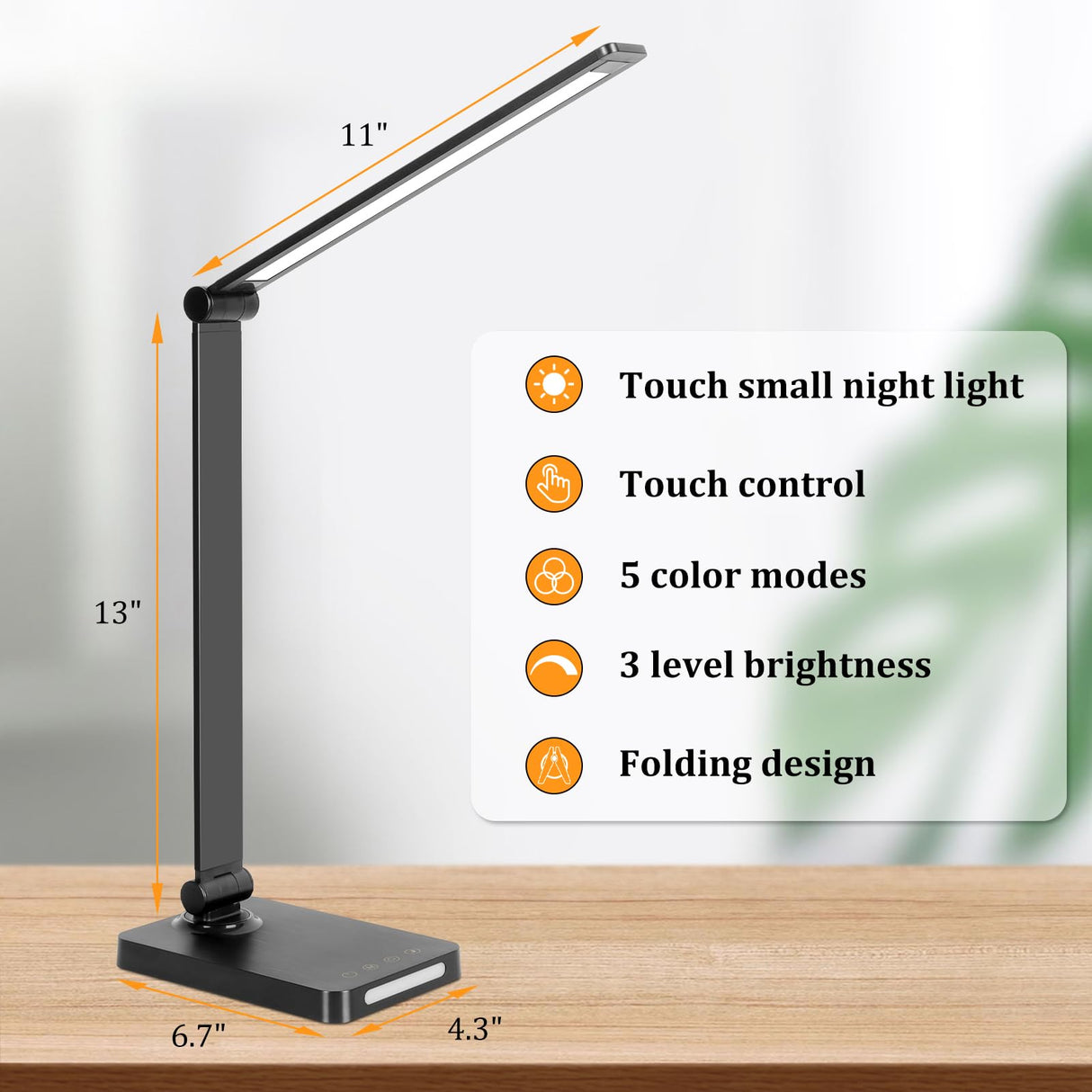 LED Desk Lamp with USB Ports,Touch Desk Lamps for Home Office with 5 Color Modes,3 Brightness Desk Light with Small Night Light,Reading Lamp Table Lamp for Bedroom Bedside Study Black (with adapter)