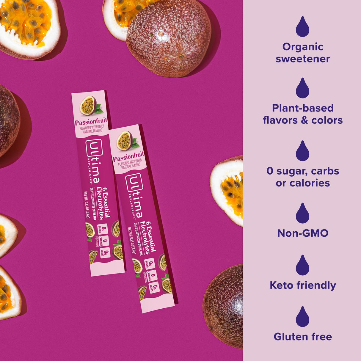 Ultima Replenisher Daily Electrolyte Powder Drink Mix – Sugar Free – Passionfruit, 20 Stickpacks – Hydration Packets with 6 Electrolytes and Trace Minerals – Keto Friendly, Non-GMO