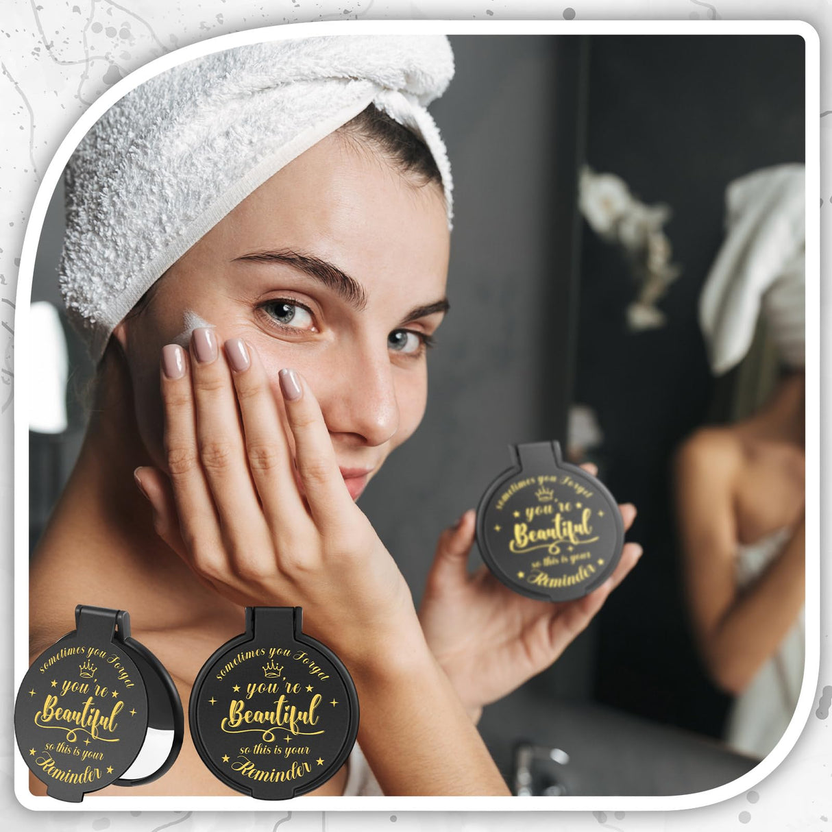 Gulfmew 100 Pcs 2.76 Inch Inspirational Compact Mirror Bulk Party Favors Quinceanera Gift Purse Small Mirror Pocket Mini Gifts for Women Adult Coworker Halloween Christmas Friends (Black)