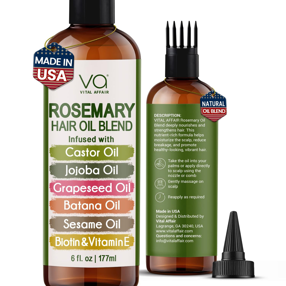 VITAL AFFAIR Blend Of Pure Rosemary Oil With Castor, Batana, Jojoba Oil - Infused With Biotin & Vitamin E-Blend of Effective Hair Oils for Hair Growth-Strengthening Treatment 6 Fl Oz