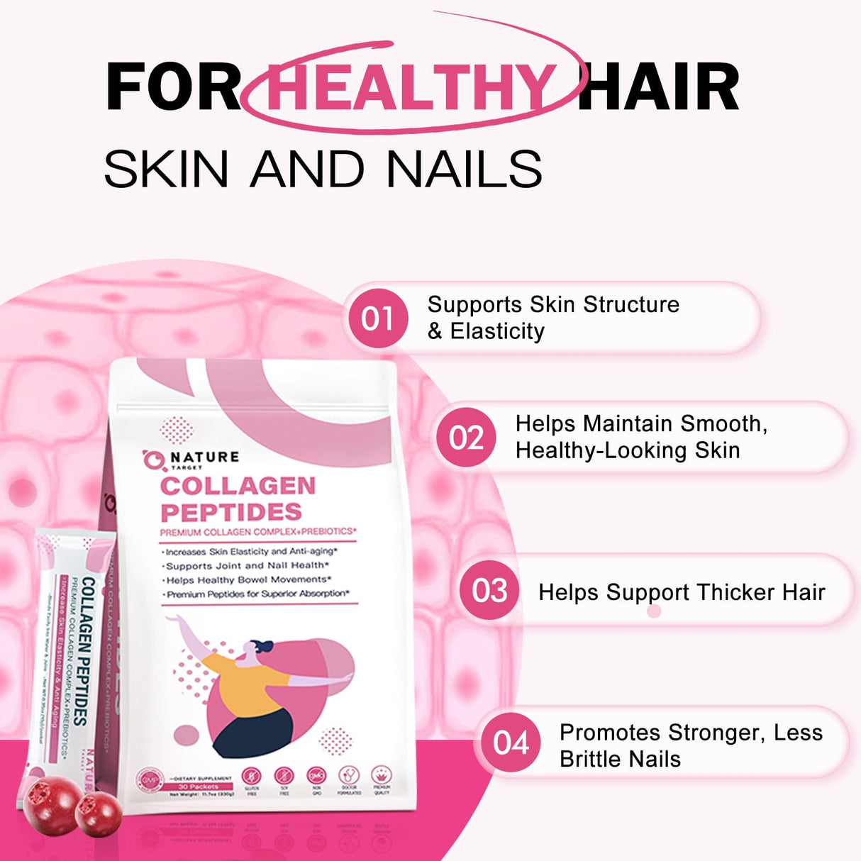 NATURE TARGET Multi Collagen Peptides Powder - Type I, II, III, V, X - Enhanced Absorption, Hydrolyzed Collagen Peptides with Prebiotics, Sugar-Free, Skin Hair Nail & Joint Support, Non-GMO