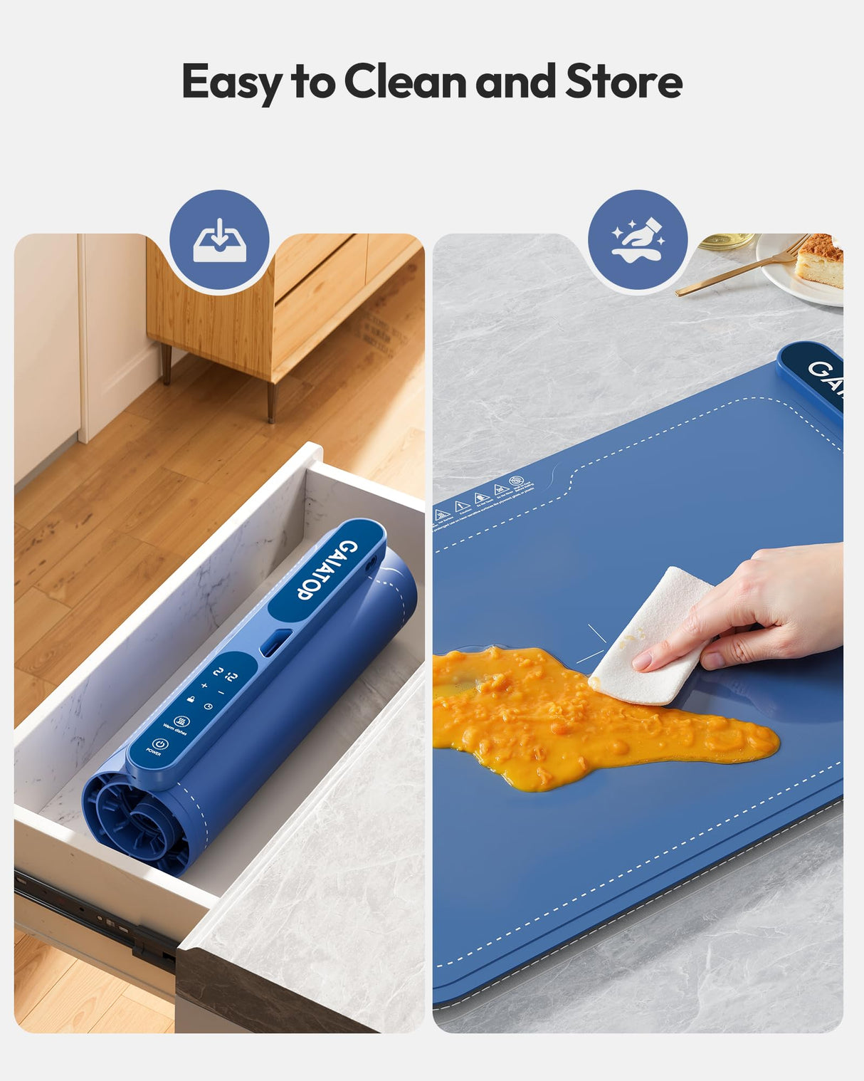 Gaiatop Food Warming Mat, Fast-Heating Silicone Electric Warming Tray with Heat Insulating Pad, 7-Level Temp 8h Timer Food Warmer Mat, Portable Heating Mat for Countertop Gatherings Party Home, Blue