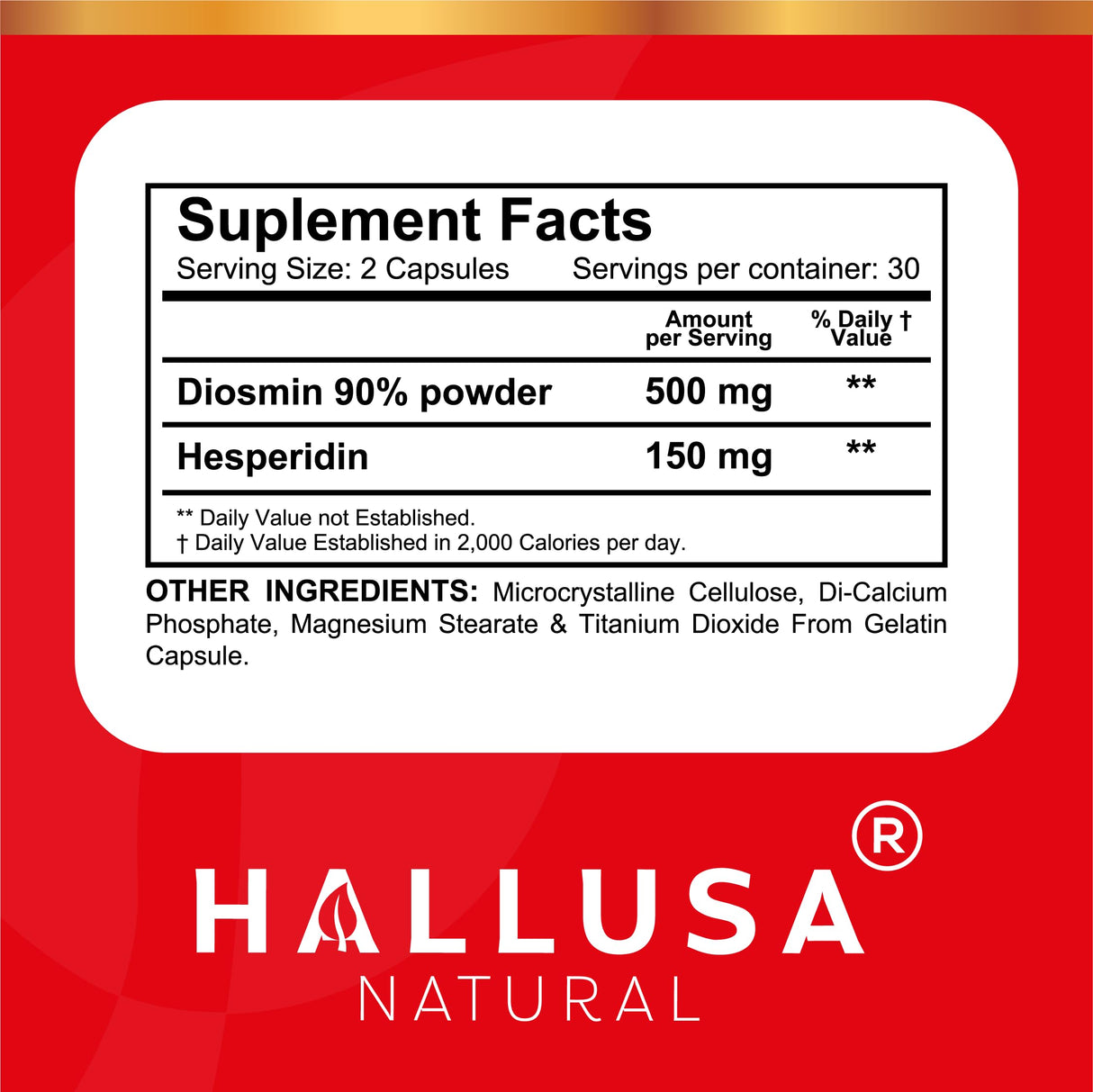 Hallusa Natural Hallosmine Ultra Diosmin 500mg & Hesperidin 150mg – Heavy Legs, Swelling & Vein - Blood Circulation Supplements, 60 Caps