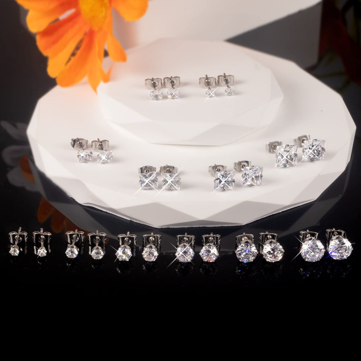 Silver Stainless Steel Stud Earrings for Women Men, 12Pairs 3-8mm Studs Set