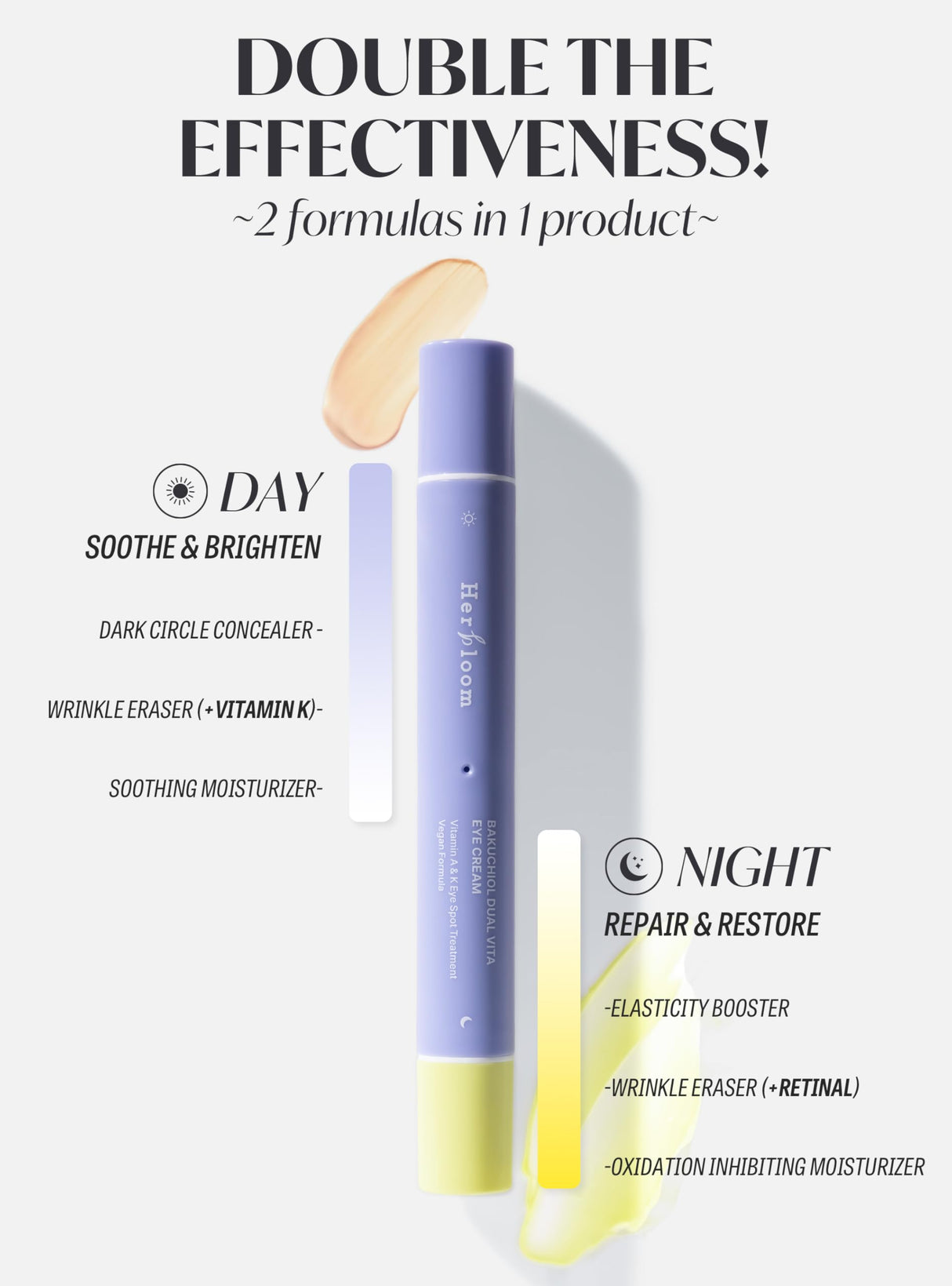 HERBLOOM Retinal Night Care Eye Cream | Bakuchiol Dual Vita with Tinted Day Concealer | Korean EyeCream for Dark Circles Fine Lines 0.54 Fl Oz