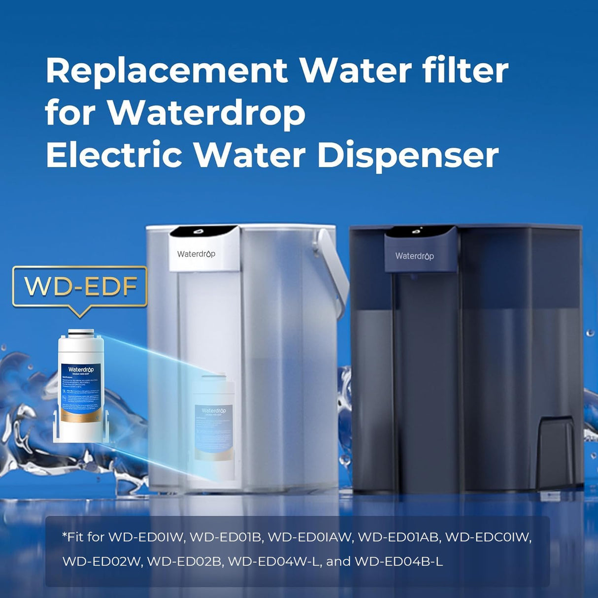 Waterdrop EDF Water Filter Replacement for Waterdrop ED01/ED02/ED04 Electric Water Filter Pitcher, 3 Months or 200 Gallons, NSF/ANSI 401&53&42&372, 1 Pack
