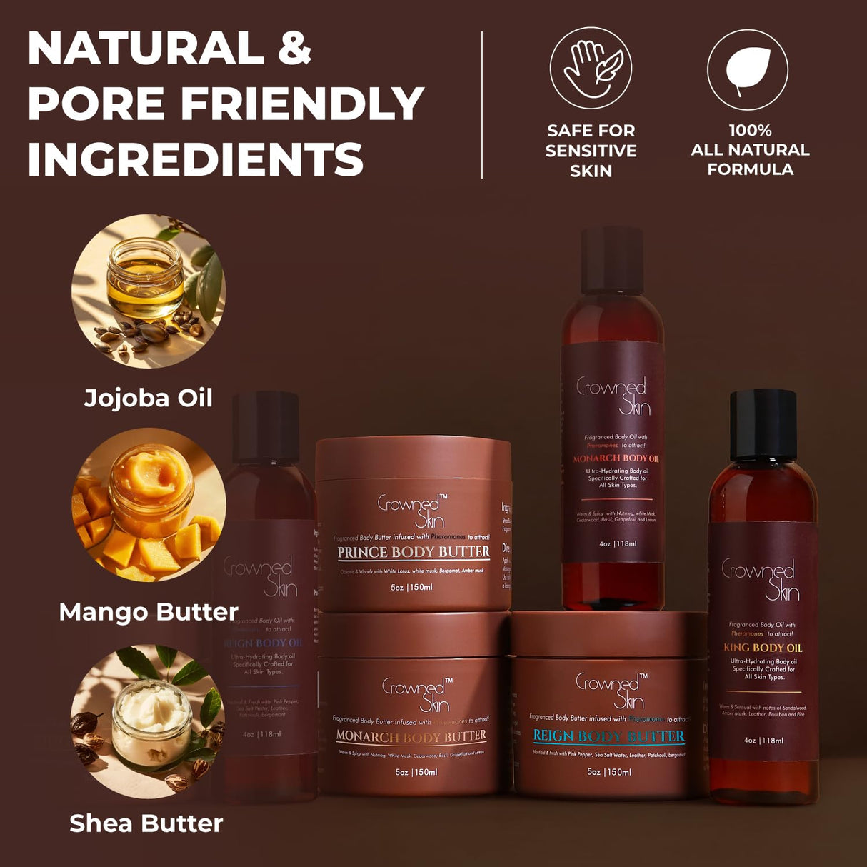 Crowned Skin King Cologned Body Butter and Body Oil Bundle | Warm and Sensual Sandalwood & Leather Scent | Infused with Organic Shea & Mango Butters | Moisturizing Formula with All-Day Fragrance