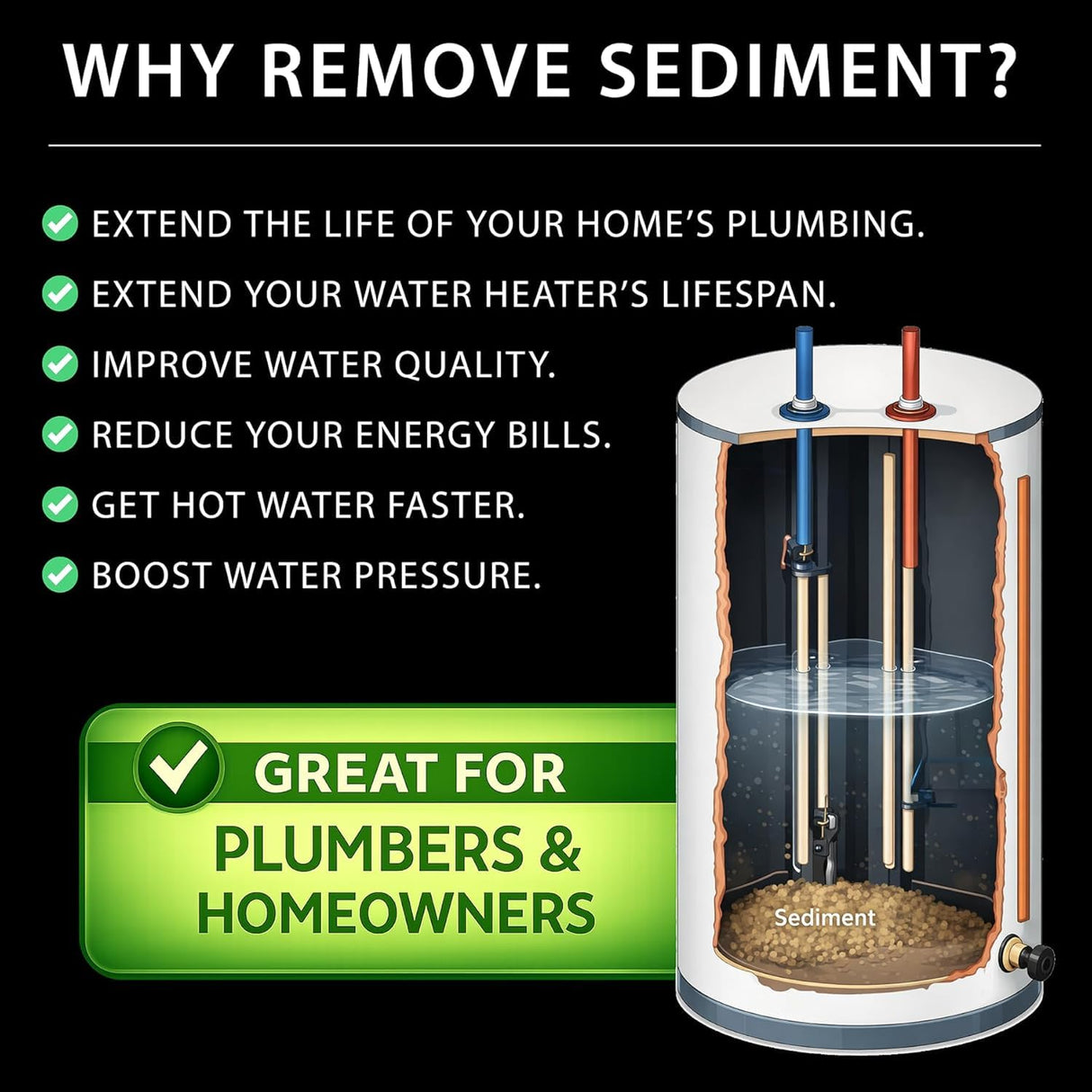 Sediment Gone™ Water Heater Sediment Removal Tool – Flushes, Cleans & Breaks Up Sediment Clogs in Electric or Gas Water Heaters – Easy DIY Water Heater Cleaning Tool