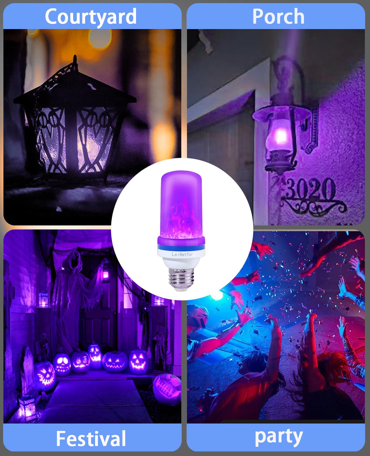 LeiNetfor Upgraded LED Purple Flame Light Bulbs - Halloween Decorations Outdoor Light Bulbs,E26/E27 Base Christmas Purple Flickering Light Bulbs Outdoor, 4W LED Flame Bulbs Lights (4 Pack)