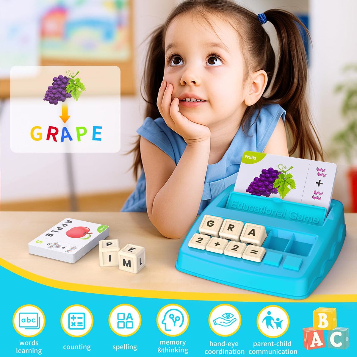 Educational Toys Learning Games for Kids 3-8, Matching Letter Spelling Early Math Game for Preschool& Kindergarten Kids Boys and Girls Light Blue ,Christmas Birthday gift for 4 5 6 7 boys girls