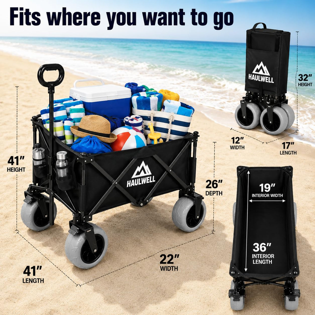 Beach Wagon with Big Wheels for Sand | Beach Cart for Sand | Collapsible Heavy Duty Beach Wagon for Kids, Camping & Outdoor | All Terrain Folding Cart | Haulwell | Black