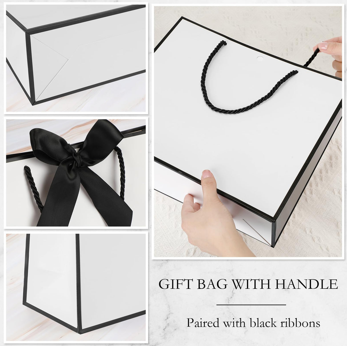 Silkfly 12 Pcs Thank You Gift Bags with Handle 12x10x4'' Welcome Bags Return Gifts with Bow Ribbon for Wedding Bridesmaid Baby Shower Housewarming Birthday Thanksgiving Christmas(White, Black)