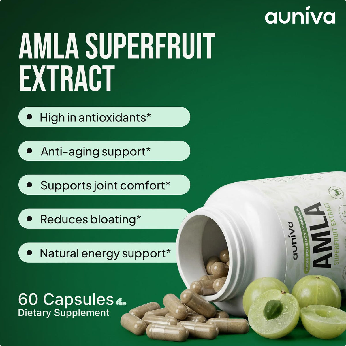 auniva Amla Capsules 1000mg – Indian Gooseberry Amla Fruit Supplement – Amla Powder for Antioxidant, Energy & Digestive Support – Ayurvedic Wellness Formula – 60 Capsules