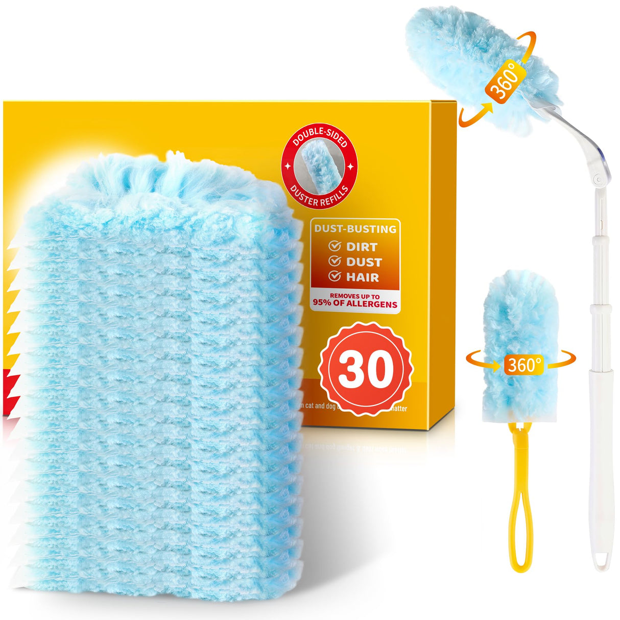 30 Count Duster Refills for Swiffer Duster with Extension Pole, Multisurface 360 Dusters with 3ft and 1 Short Handle, Disposable Dusters for Cleaning Furniture Blinds Fans Wall (Storage Bag Included)