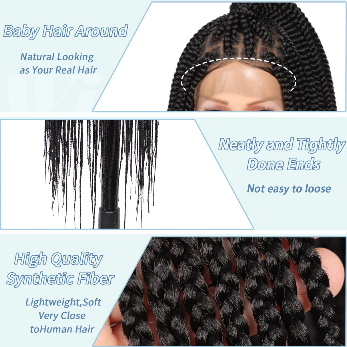 Fecihor 36" Knotless Braided Wigs Lace Front Box Braids Lace Frontal Wig for Women Human Hair Blended Black Hand Full double lace Braid Wig With Baby Hair