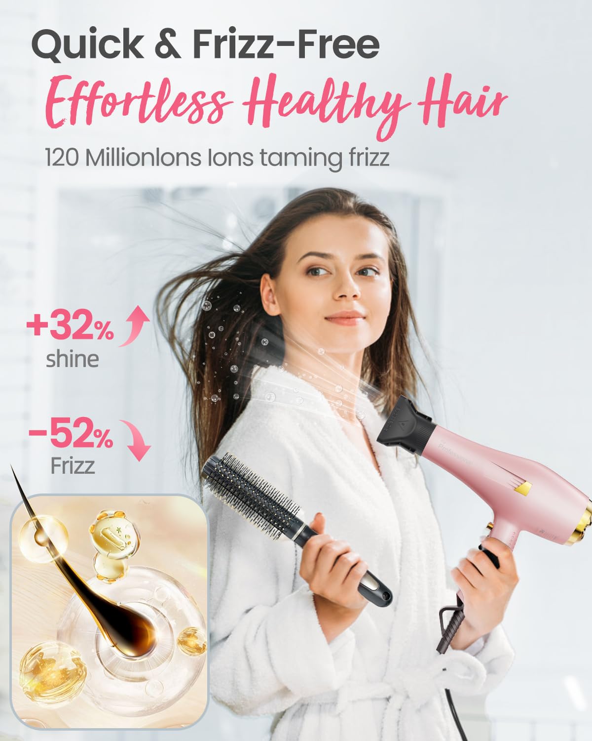 Dekuri Professional Ionic Hair Dryer AC Motor Fast Drying Salon Blow Dryer with Diffuser, Comb, Nozzle, Concentrator, for Curly and Straight Hair, 2 Speed & 3 Heat Setting, Cool Button, Pink