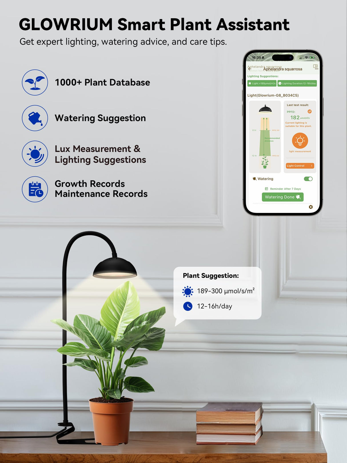 GLOWRIUM Smart Grow Lights for Indoor Plants,10W Full Spectrum Plant Lights with Bluetooth App Control, 360° Flexible Gooseneck Grow Lamp, Auto Timer 3/9/12Hrs, 10 Brightness for Small Plants, Black