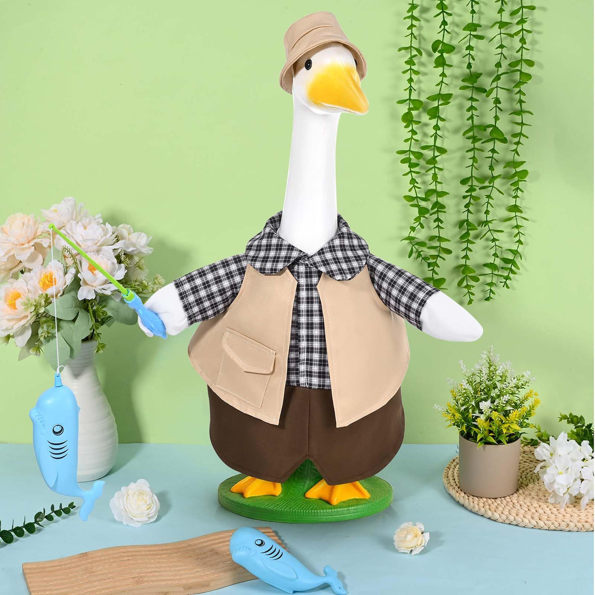 JcHrmers Fishing Porch Goose Outfits Fisherman Lawn Goose Clothes Fit 23" High Cement or Plastic Goose Statue for Outdoor Garden Yard Patio Decor