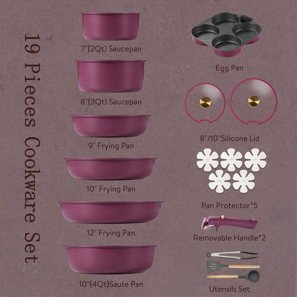 CAROTE 19pcs Pots and Pans Set, Nonstick Cookware Set Detachable Handle, Induction Kitchen Cookware Sets Non Stick with Removable Handle, RV Cookware Set, Gold and Purple