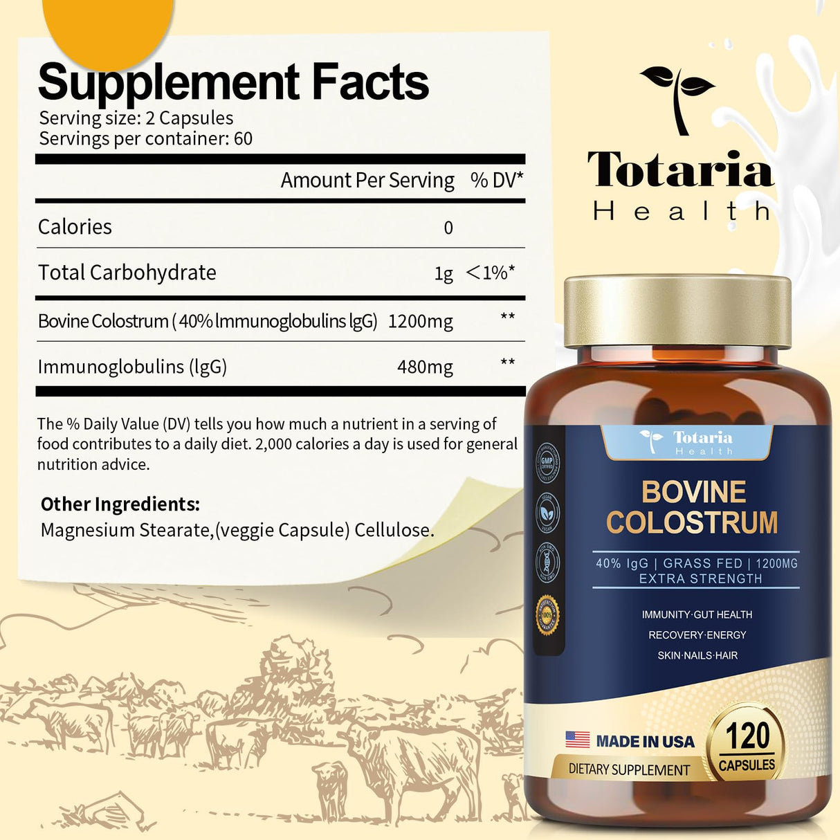 Totaria Bovine Colostrum Supplement Capsules for Gut Health, Hair Growth, Beauty and Immune Support - USA Farm Grass Fed - No Fillers, GMP Certified Calostro Bovino para Adultos Organico, 60 Servings