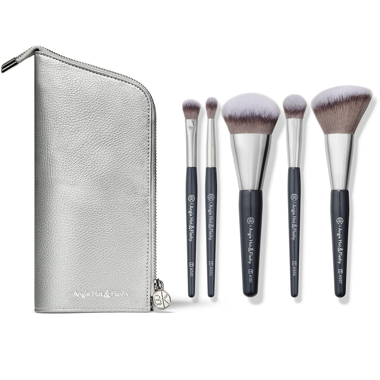 BK BEAUTY BRUSHES - ANGIE HOT & FLASHY Travel Brush Set with Pouch - Foundation Makeup Brushes - Brush for Liquid or Cream Foundations - Under-Eye Concealer | Bronzer, Blush & Highlighter Makeup Brush