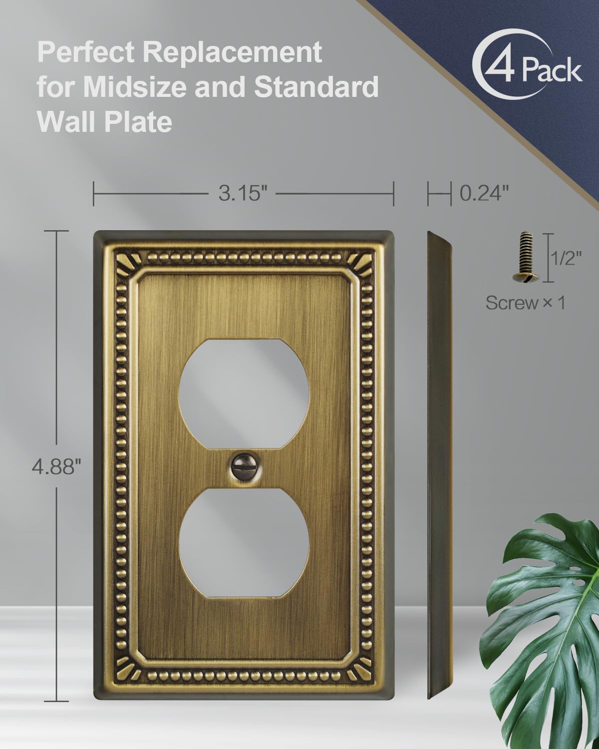 ZILLSEA Metal Wall Plates, Switch Plates and Outlet Covers, Decorative Pearl Design (1 Duplex 4PK, Antique Brass, Midsize)