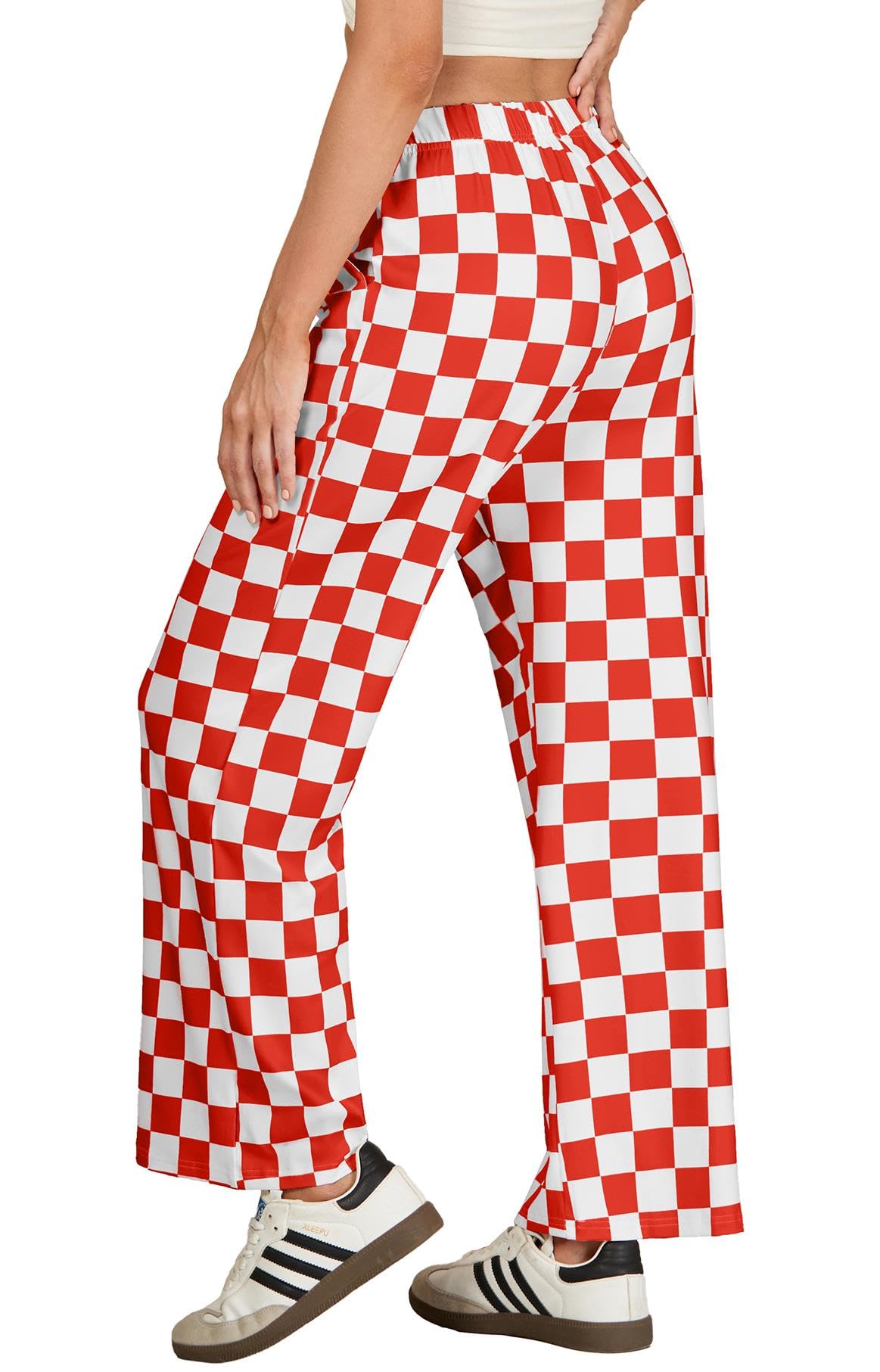 IWOLLENCE Christmas Checkered Pants for Women High Waist Wide Leg Plaid Pajama Pant Teen Girl Y2K Lounge Preppy Trousers Red White, M