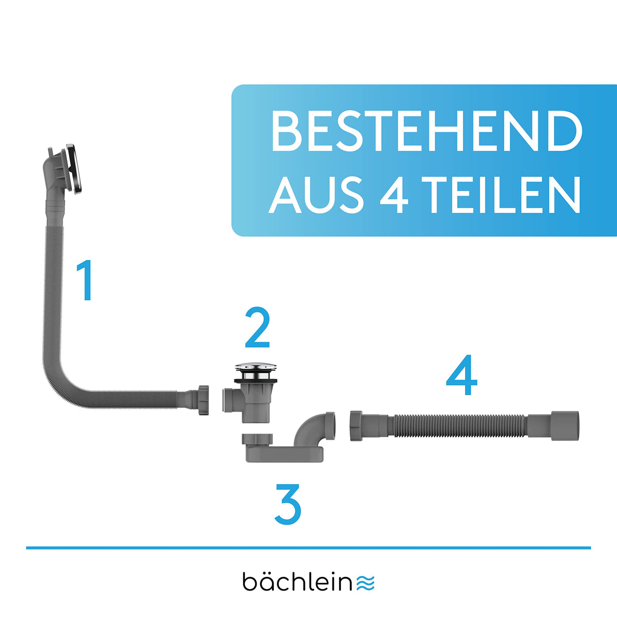 Bächlein Pop-up Drain for The Bathtub, pop-up Function with Sieve for a Clean Bathtub Drain, Complete kit with Flexible Overflow, Overflow Cover and Siphon