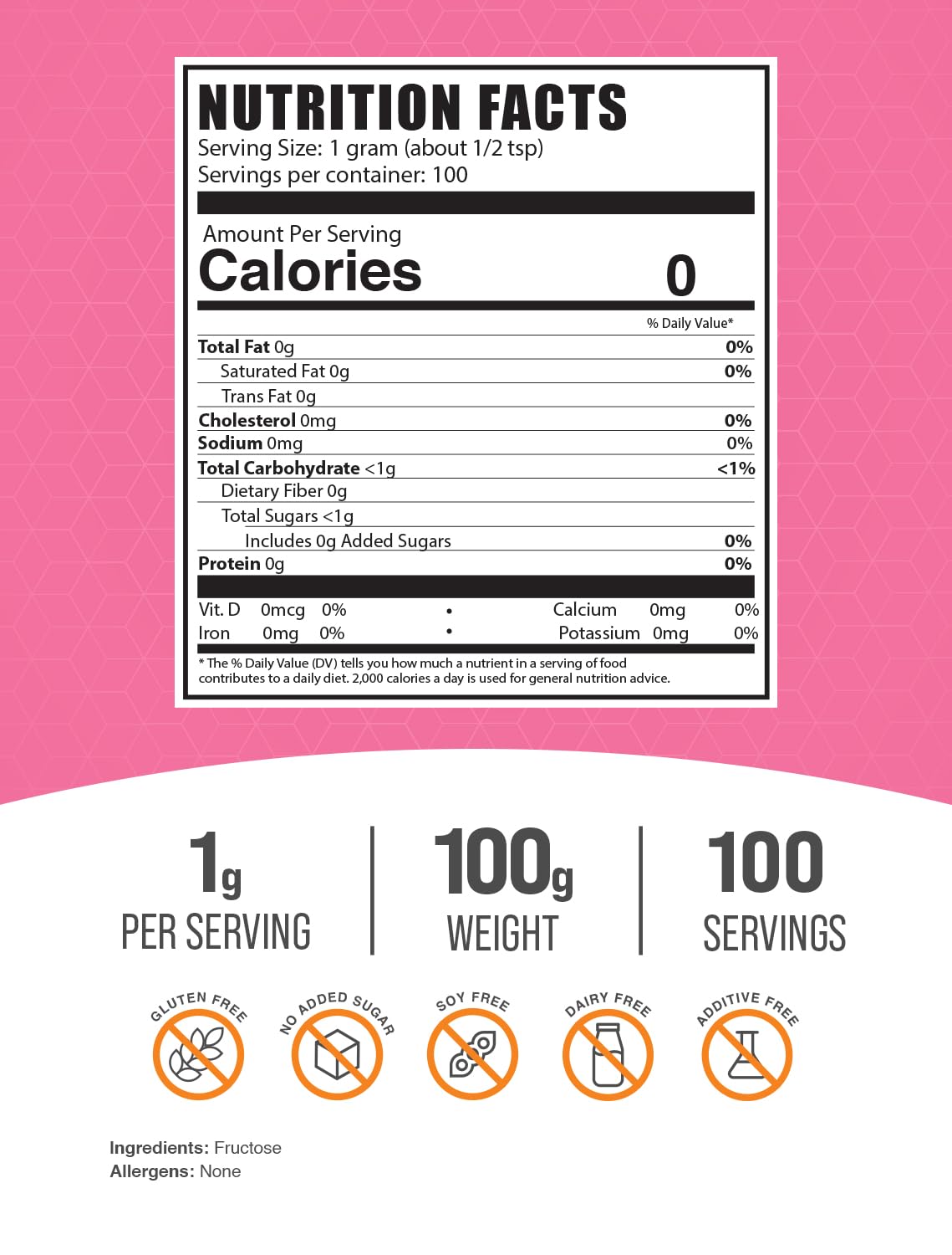BulkSupplements.com Fructose Powder - Fructose Sugar, Zero Calorie Sweetener - Food Grade & Gluten Free, 1g per Serving, 100g (3.5 oz) (Pack of 1)