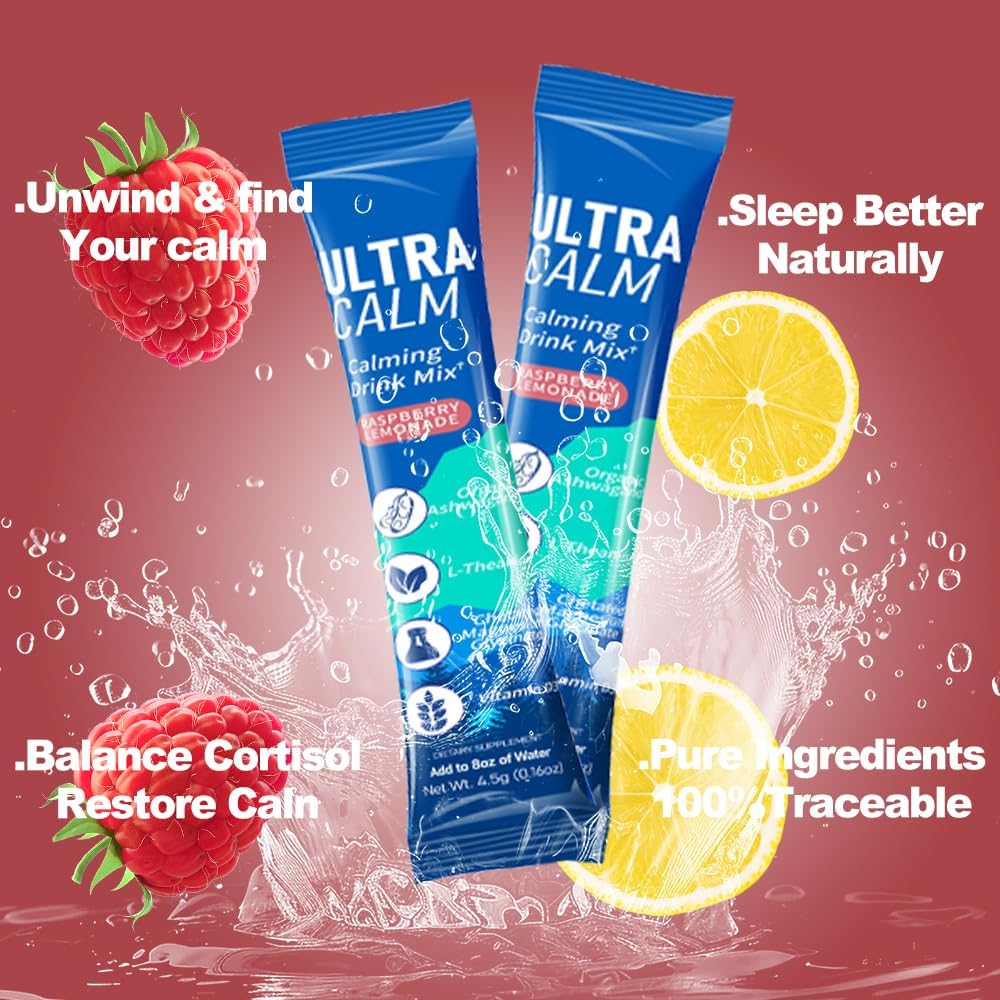 UltraCalm Super Cortisol Drink – Calm Magnesium Glycinate Powder – 30 Servings – L-theanine, Ashwagandha, Vitamin D – No Sugar – Raspberry Lemonade – Electrolytes Powder