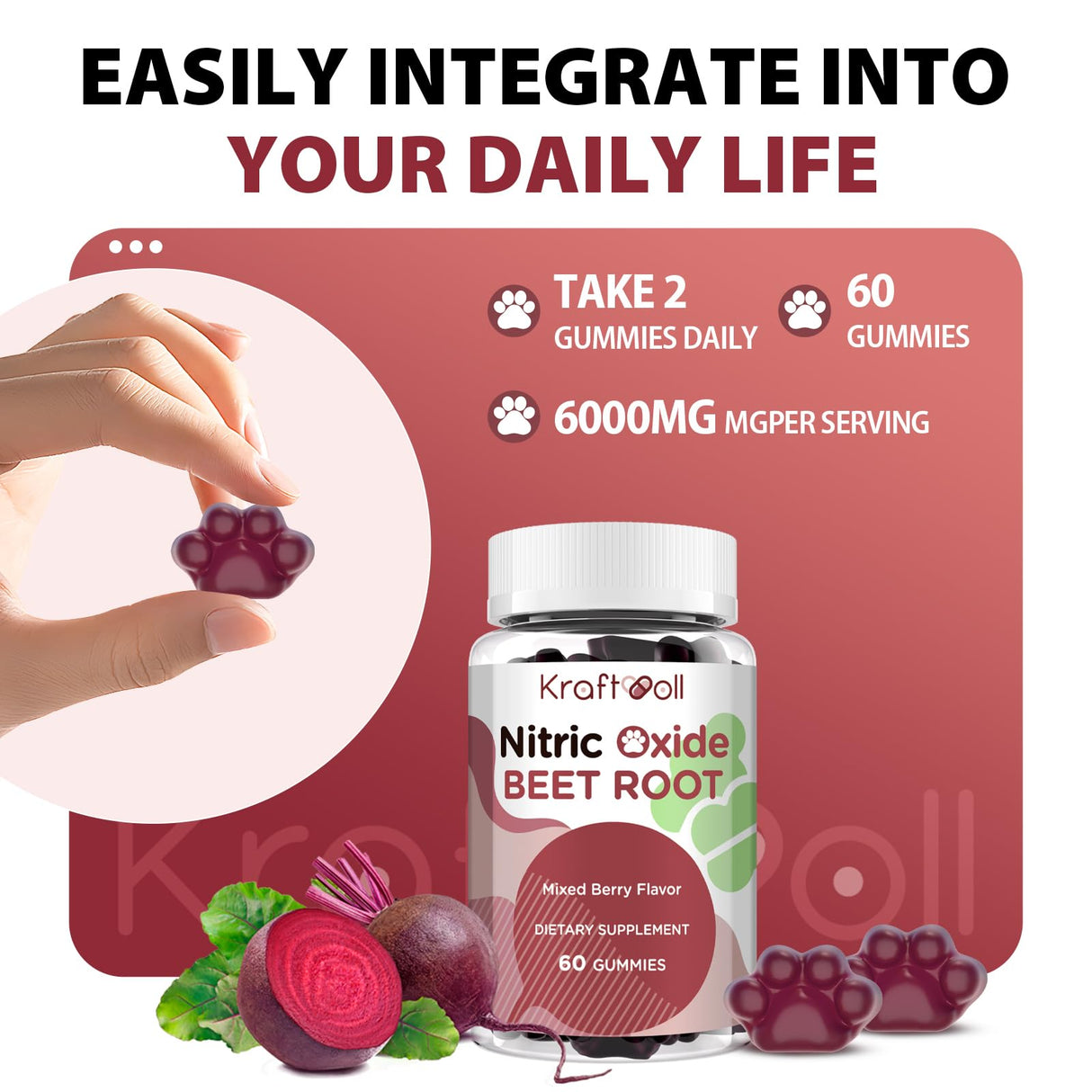 Kraftvoll Nitric Oxide Beet Root Gummies with Grapeseed Powder, Pomegranate Powder, Vitamin C & B12 – Sugar-Free, Mixed Berry Flavor – 60 Gummies