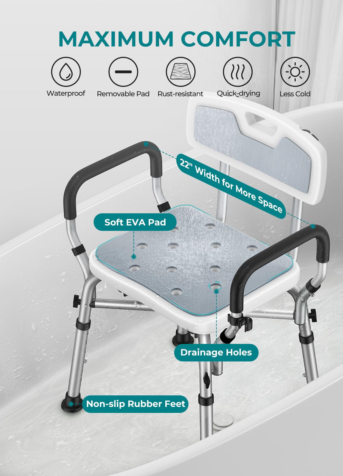 VFAUOSIT Shower Chair for Elderly and Disabled, 550 lbs Shower Chair for Inside Shower with Arms and Back, FSA/HSA 6-Height Shower Seats for Adults with Shower Bag, Bath Chairs for Seniors Inside Tub
