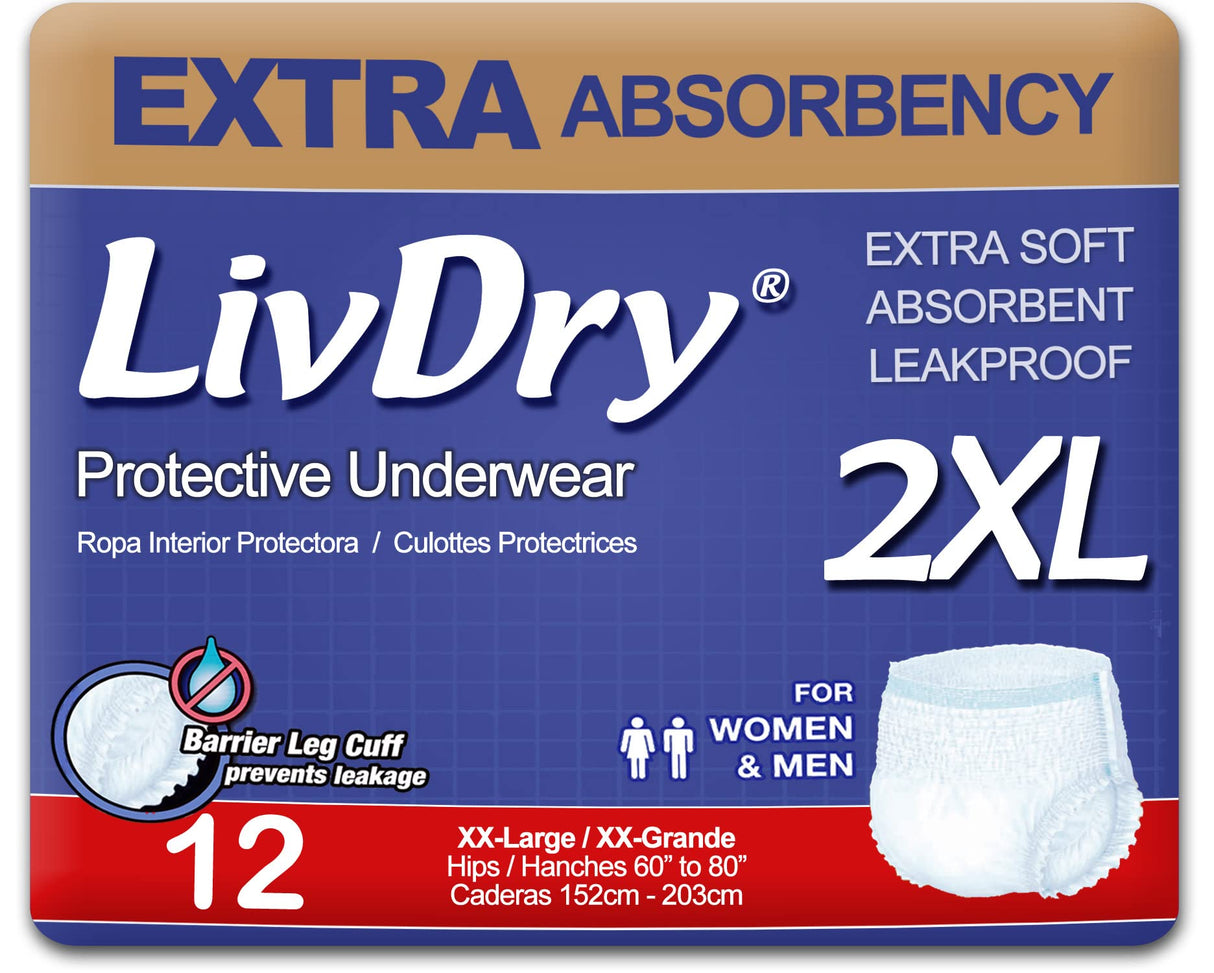 LivDry Adult XXL Incontinence Underwear, Extra Absorbency Adult Diapers, Leak Protection, XX-Large, 12-Pack