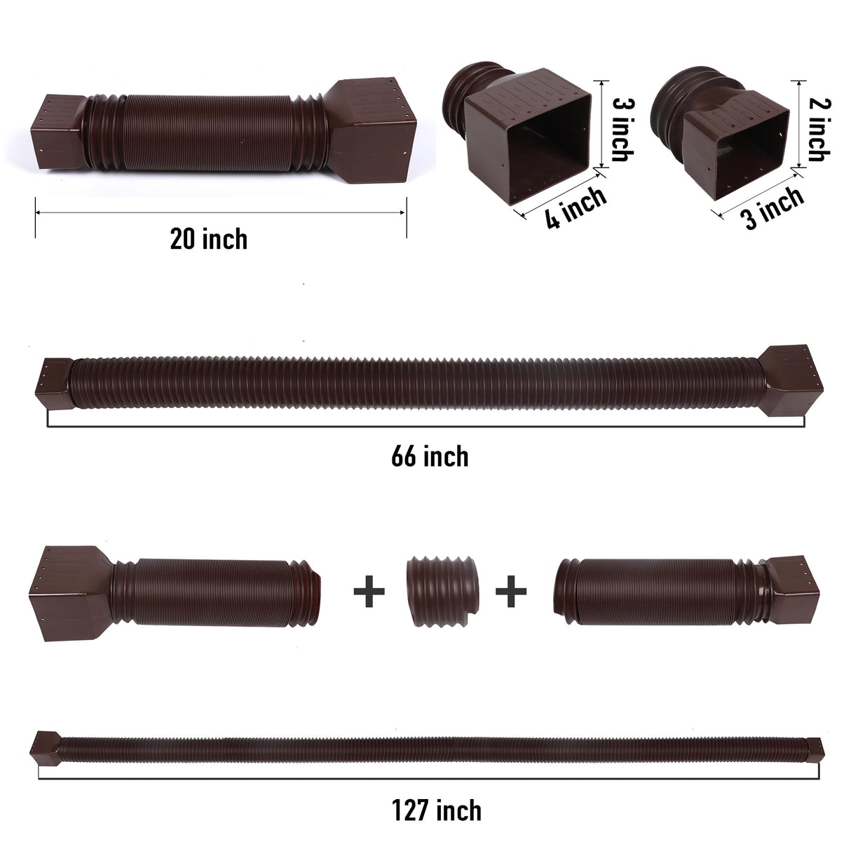 2 Pack Rain Gutter Downspout Extensions, Upgraded Flexible Drain Down Spout Extender for Rain Water Drainage, Each Extendable from 20" to 66", Combine to 10 ft with Connector(Brown)