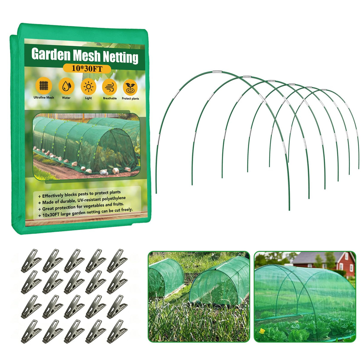 Garden Mesh Netting Kit for Raised Beds, 10x30FT Green Garden Netting &6 Sets Fiberglass Garden Hoops, Row Cover Garden Netting Pest Barrier Plant Protection for Vegetable Flowers Fruits
