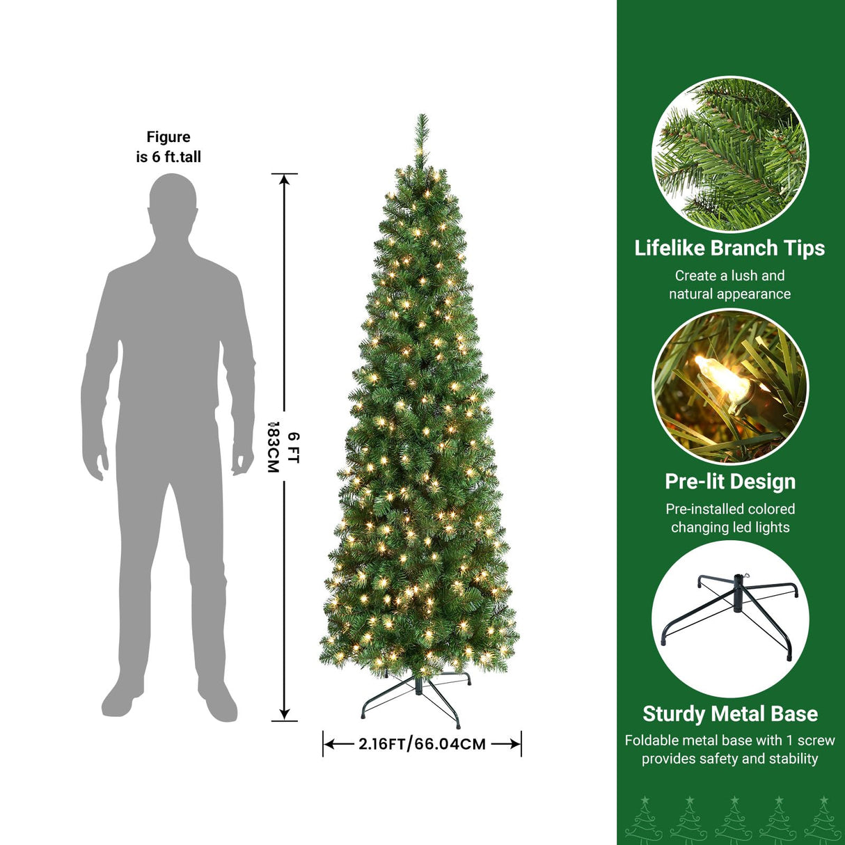 SHareconn 6ft Prelit Artificial Hinged Slim Pencil Christmas Tree with Warm White Lights, Full Branch Tips, Good Choice Decoration for Xmas Holiday, 6 FT, Green